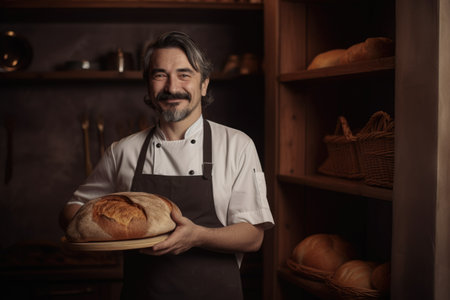 Smiling spanish male baker standing in home kitchen holding bread in basket. Generative AI AIG21.の素材