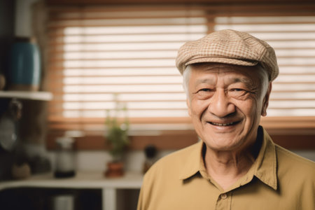 Happy senior man at home smiling looking at camera. Generative AI AIG20.の素材