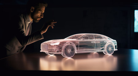 A business man touching a model of modern automobile car on a tabletop. Generative AI AIG21.の素材