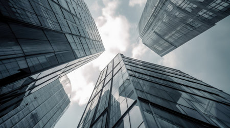 Modern and tall business building scenery touching the sky. Generative AI AIG21.の素材