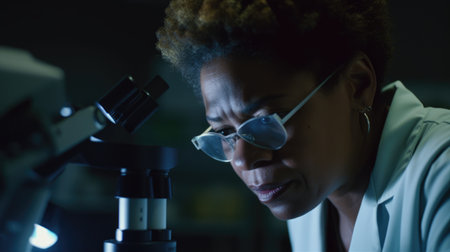 Scientist Female African-American Middle-Aged Conducting an experiment in a lab in Laboratory. Generative AI AIG22.の素材
