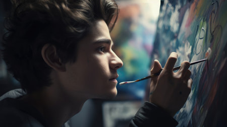 Artist Male Caucasian Young painting the canvas. Generative AI AIG22.の素材