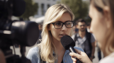 Journalist Female Caucasian Young Adult Interviewing someone with a microphone in hand in Outdoor street. Generative AI AIG22.の素材