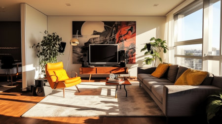 A stylish modern living room interior design with vivid and warm tone colors in the apartment. Generative AI AIG27.の素材
