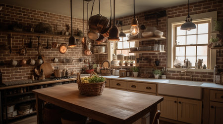 Interior design of Kitchen in Rustic style with Farmhouse Sink decorated with Brick, Wood, Woven material. Traditional architecture. Generative AI AIG24.の素材