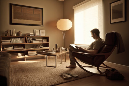 Male Caucasian adult aged reading books in living room casual relaxing. Generative AI AIG23.の素材