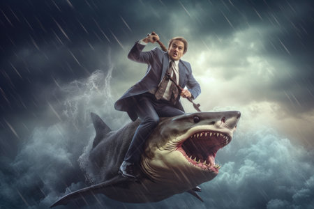 A businessman riding a great shark in storm. Generative AI AIG27.の素材