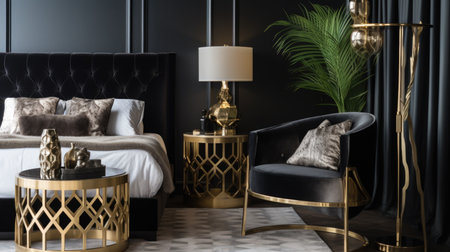 Bedroom decor, home interior design . Art Deco Glamorous style with Chandelier decorated with Brass and Marble material . Generative AI AIG26.の素材