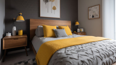 Interior design of Bedroom in Mid-Century style with Bed decorated with Wood, Wool material. Modern, Minimalist architecture. Generative AI AIG24.の素材