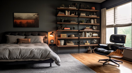 Bedroom decor, home interior design . Industrial Mid-Century Modern style with Bookshelf decorated with Metal and Leather material . Generative AI AIG26.の素材