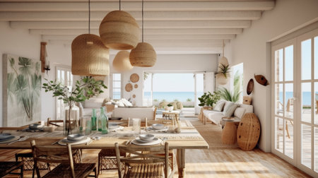 Interior design inspiration of Coastal Bohemian style home dining room loveliness decorated with Rattan and Linen material and Pendant Light .Generative AI home interior design .の素材