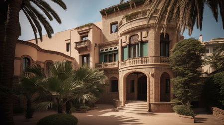 Home architecture design in Ranch Style with Indoor-outdoor living constructed by Stone and Wood material. Mid-century modern ranch style. Generative AI AIG25 .の素材