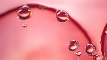 Translucent oil drops in liquid on smooth rose blurred background. Generative AI AIG21.の素材