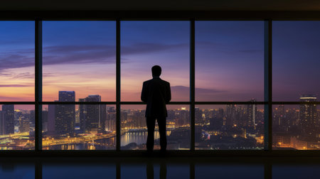 Rear view businessman in modern office with large window looking at cityscape with sunlight in cityscape. Picturesque generative AIの素材