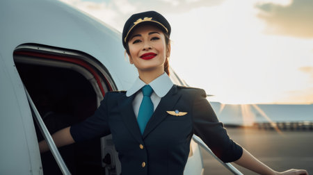 Smiling air hostess in blue suit standing in front of airplane entrance under blue sky. Generative AI AIG21.の素材