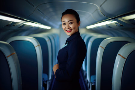 An smiling air hostess standing inside of airplane. Generative AI AIG21.の素材