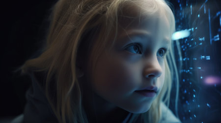 The little blonde girl wondering at holographic and futuristic technology with sharpened and grainy detail. Generative AI AIG21.の素材