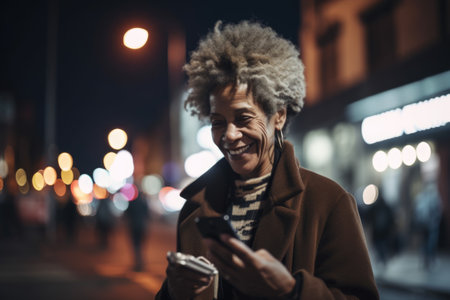 a senior african-american woman trendy clothes using mobile phone with background of urban city street at night Generative AI AIG18.の素材