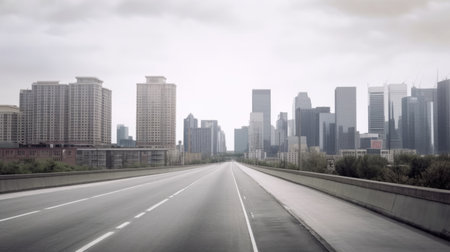 highway road with background of skyscraper backdrop downtown. Generative AI AIG21.の素材