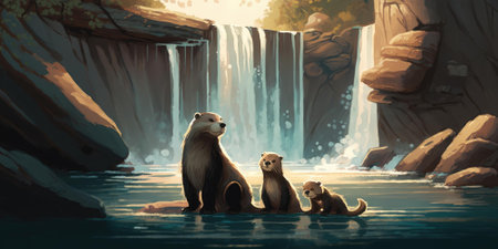 A majestic waterfall cascading down a towering cliff into a peaceful lake surrounded lush trees family of otters in water. Generative AI AIG16.の素材