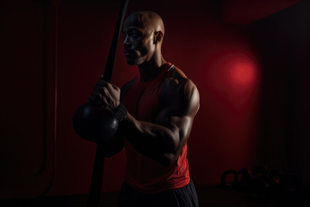 Male African American adult exercising with weights healthy. Generative AI AIG23.の素材