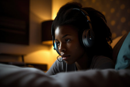 Female African teenager listening to music headphones bedroom. Generative AI AIG23.の素材