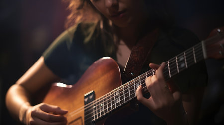 Guitarist Female Hispanic Young Adult Playing guitar on stage or in a music video in Performance venue. Generative AI AIG22.の素材