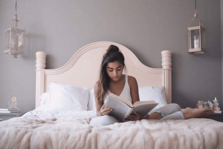 Female Hispanic teenager reading books in bedroom casual relaxing pastel. Generative AI AIG23.の素材
