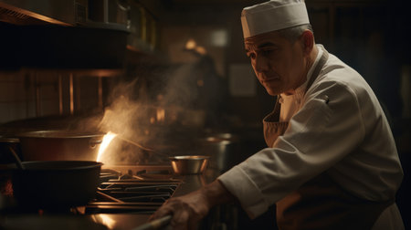 Chef Male Hispanic Middle-aged Cooking at stovetop in Restaurant kitchen. Generative AI AIG22.の素材