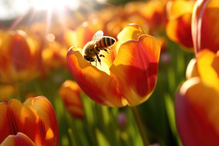 The macro photography of a honey bee approaches a tulip in full bloom on a summer day. Generative AI AIG27.の素材