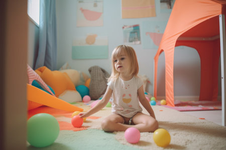 Female Caucasian child playing in playroom fun leggings. Generative AI AIG23.の素材