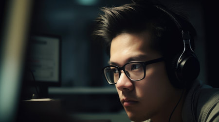 Music Journalist Reviewer Male Asian Young Adult Critiquing and writing about music in magazines or online publications in Music venue office. Generative AI AIG22.の素材