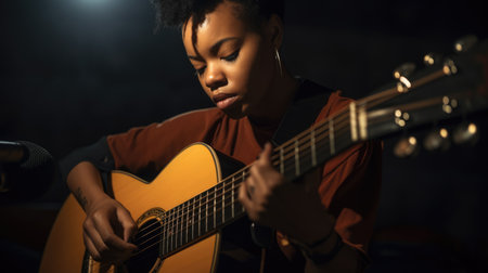 Musician Female African-American Young Adult Playing guitar in Recording studio. Generative AI AIG22.の素材