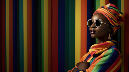 Young african female model posing with trendy fashion outfit and colorful optical art abstract background. Picturesque generative AIの素材