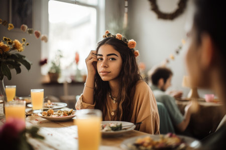 Female Hispanic teenager socializing dining room light conversation. Generative AI AIG23.の素材