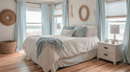 Bedroom decor, home interior design . Coastal Nautical style with Ocean View decorated with Wood and Wicker material . Generative AI AIG26.の素材