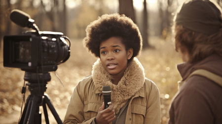 Journalist Female African-American Young adult Interviewing someone in the field in Outdoors. Generative AI AIG22.の素材
