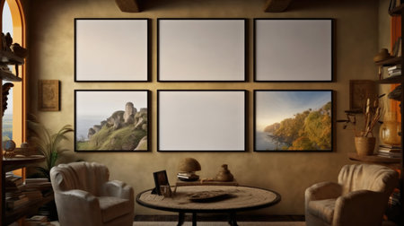 The interior of vintage living room with armchair and table hanging empty and natural photo frames on the wall. Generative AI AIG27.の素材