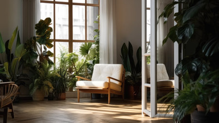 The interior of white tone color and pattern wood floor room with armchair in natural style. Generative AI AIG27.の素材