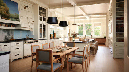 The modern interior open space design of dining room and kitchen in white tone. Generative AI AIG27.の素材