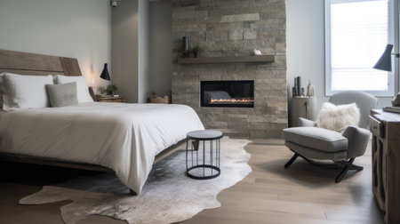 Bedroom decor, home interior design . Rustic Modern style with Fireplace decorated with Stone and Metal material . Generative AI AIG26.の素材