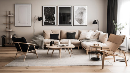 Living room decor, home interior design . Scandinavian Minimalist style with Large artwork decorated with Wood and Metal material . Generative AI AIG26.の素材