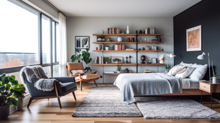 Bedroom decor, home interior design . Modern Scandinavian style with Bookshelf decorated with Wood and Metal material . Generative AI AIG26.の素材