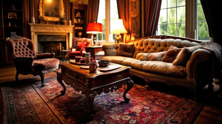 Living room decor, home interior design . Traditional Classic style with Fireplace decorated with Velvet and Wood material . Generative AI AIG26.の素材