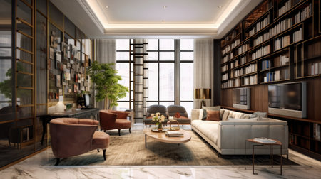The spacious and modern interior design of living room containing bookshelves with high ceiling and marble tiles. Generative AI AIG27.の素材