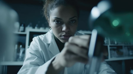 A female biomedical scientist with white gown working in laboratory with determination. Generative AI AIG21.の素材