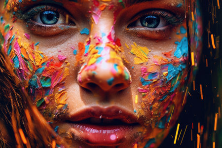 A close-up of a beautiful glitchcore female face is captured in a vibrantly surreal fashion photography style. Generative AI AIG27.の素材