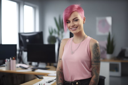 Cool female fashion designer, smiling face, looking at camera, pink hair, piercing, tattoo, standing at office desk, laptop, colorful trendy interior office. Generative AI AIG20.の素材