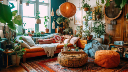 Living room decor, home interior design . Bohemian Eclectic style with Gallery wall decorated with Rattan and Macrame material . Generative AI AIG26.の素材