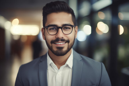 Young smart hispanic businessman, smiling face, standing in blur background of busy office. Generative AI AIG20.の素材